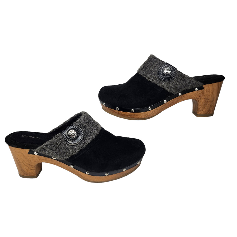 Black Studded Mules Clogs Womens 7 Cable Knit Slip Ons Wood Chunky Comfy Warm